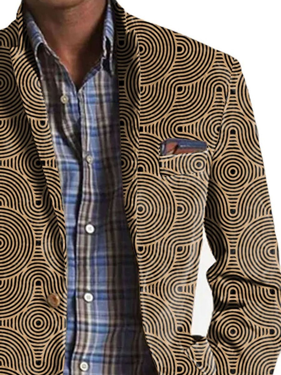 Men TH Print Jacket | Vintage Ripple Print Three-Pocket Lapel Casual Blazer Brown