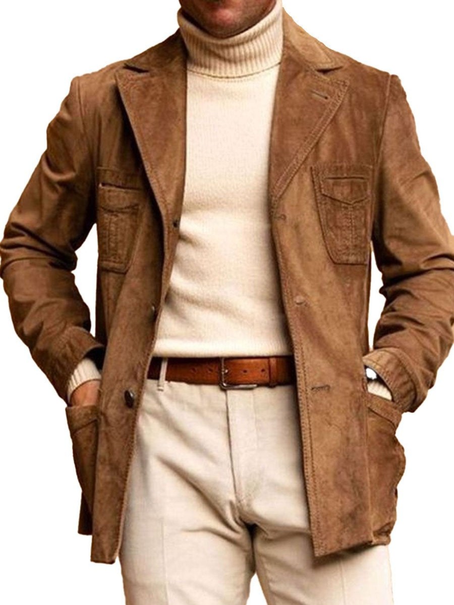 Men DJ Jacket | Vintage Solid Color Corduroy Lapel 4-Pocket Casual Blazer Brown