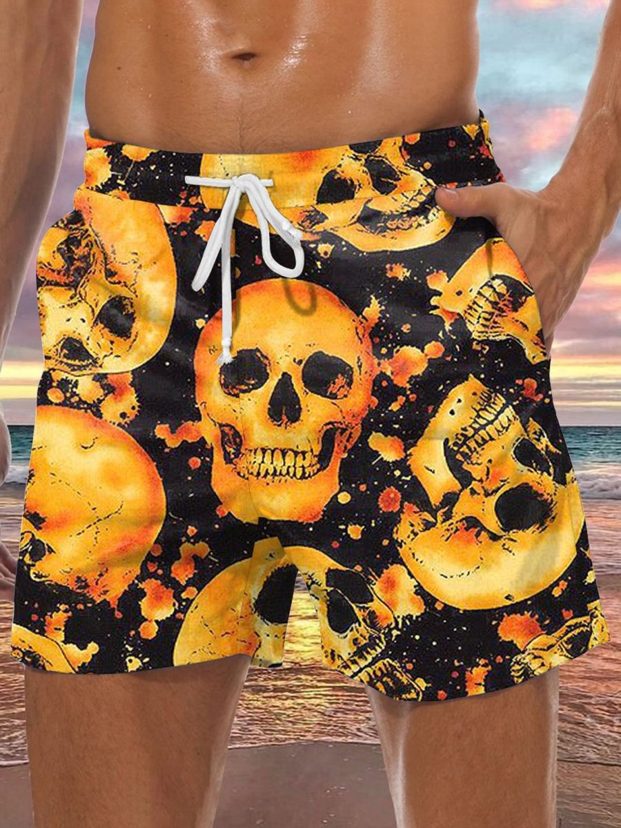 Men DJ Bottoms | Skull Print Pocket Shorts Yellow