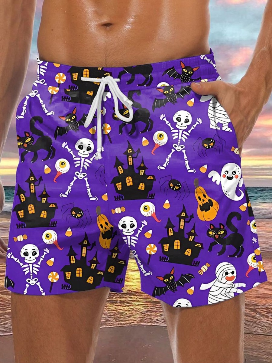 Men LJC Bottoms | Skull Mummy Pumpkin Track Shorts Photo Color