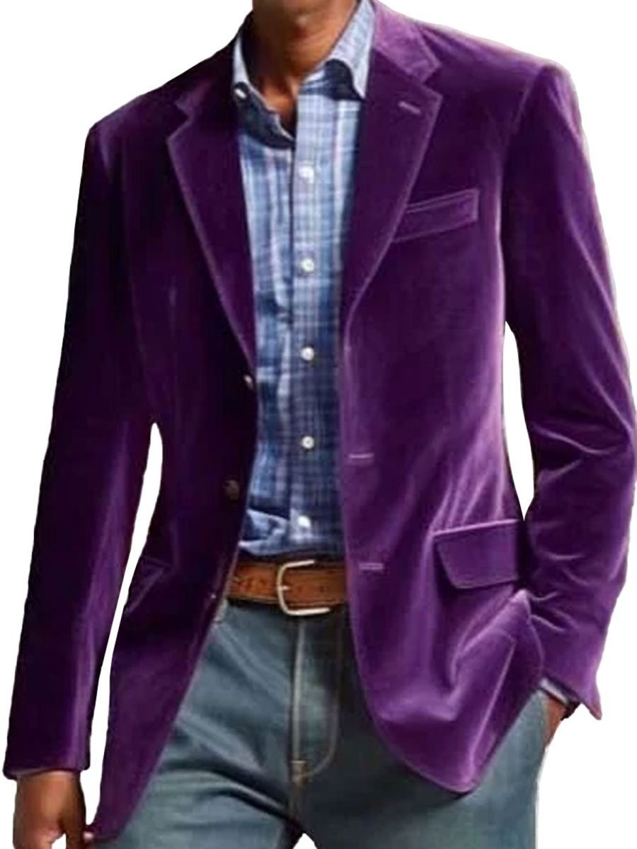 Men BXL Jacket | Men'S Multi-Pocket Solid Velvet Casual Blazer Purple