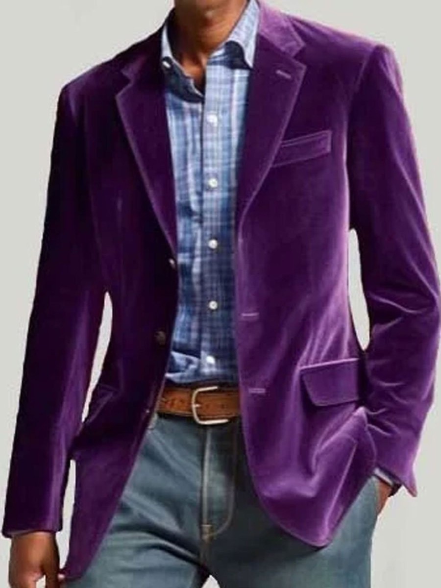 Men BXL Jacket | Men'S Multi-Pocket Solid Velvet Casual Blazer Purple