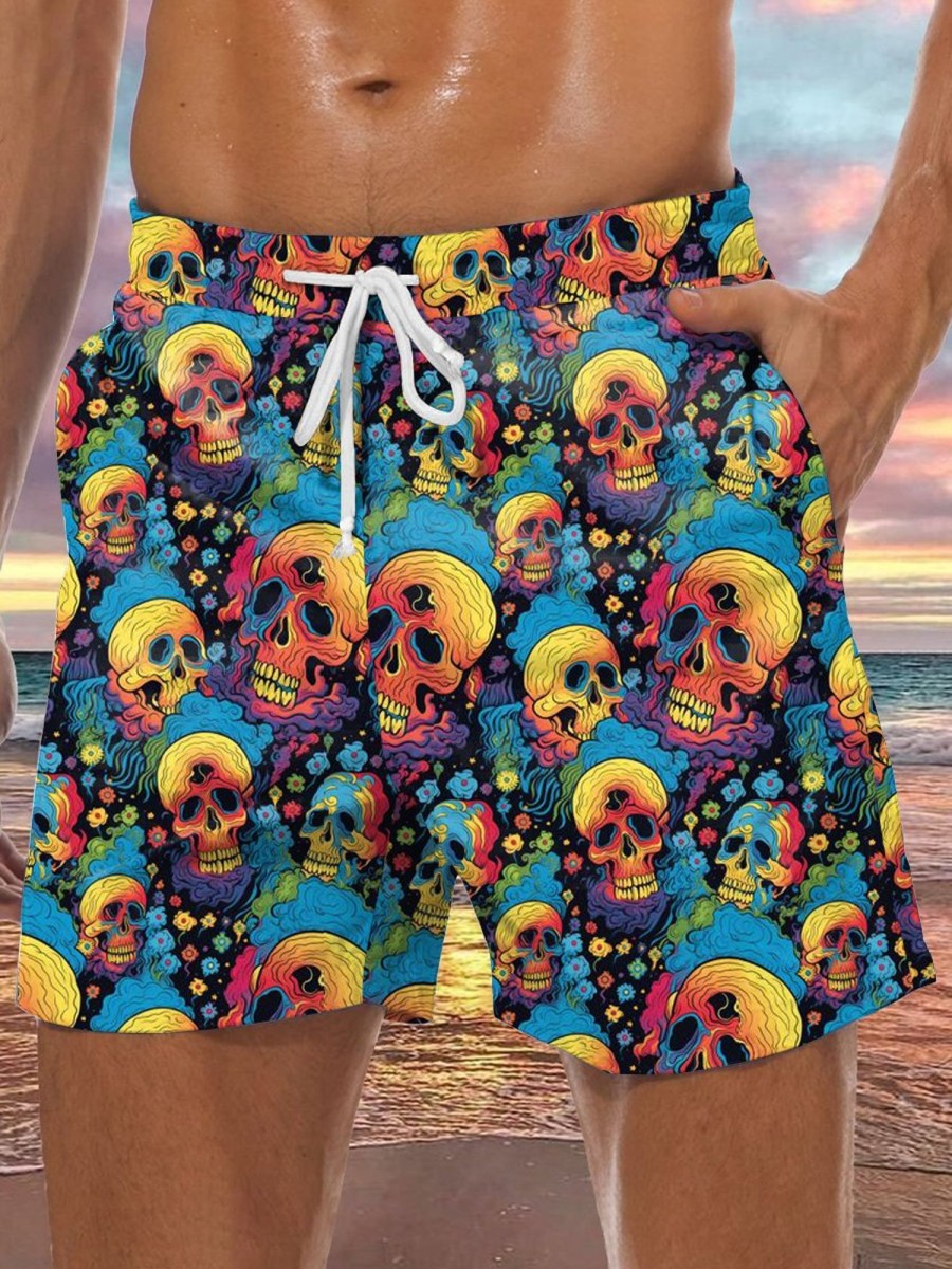 Men LJC Shorts | Skull Print Track Shorts Photo Color