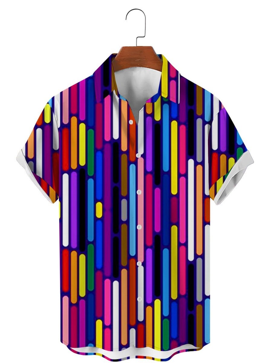 Men DJ Shirts | Rainbow Art Color Block Print Short Sleeve Shirt Photo Color