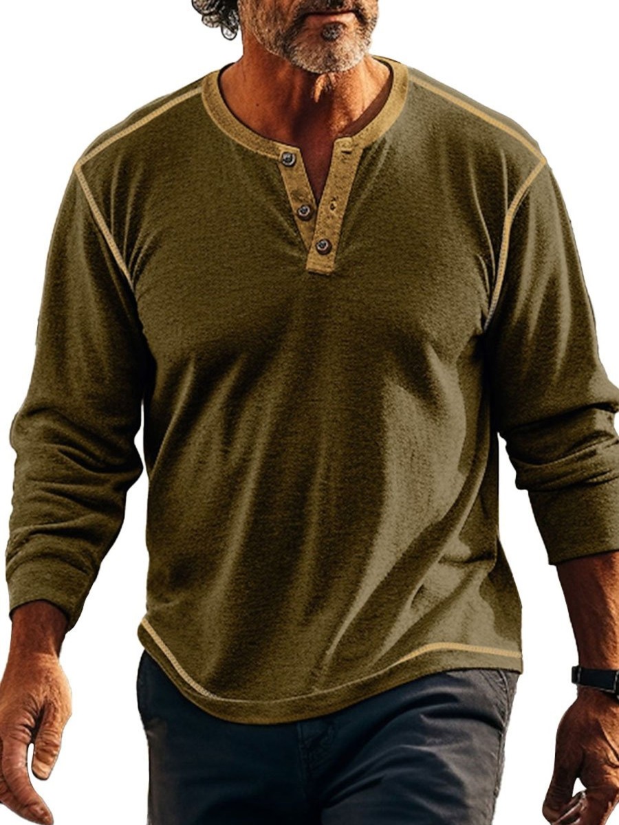 Men BXL Casual Long Sleeve Shirts | Men'S Contrast Color Splicing Half Open Collar Casual Long Sleeve T-Shirt Army Green