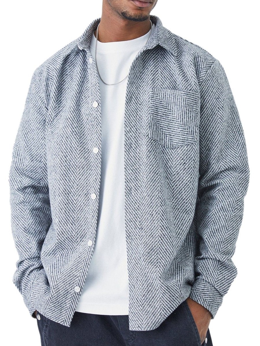 Men QMY Casual Long Sleeve Shirts | Long Sleeve Textured Herringbone Overshirt Grey