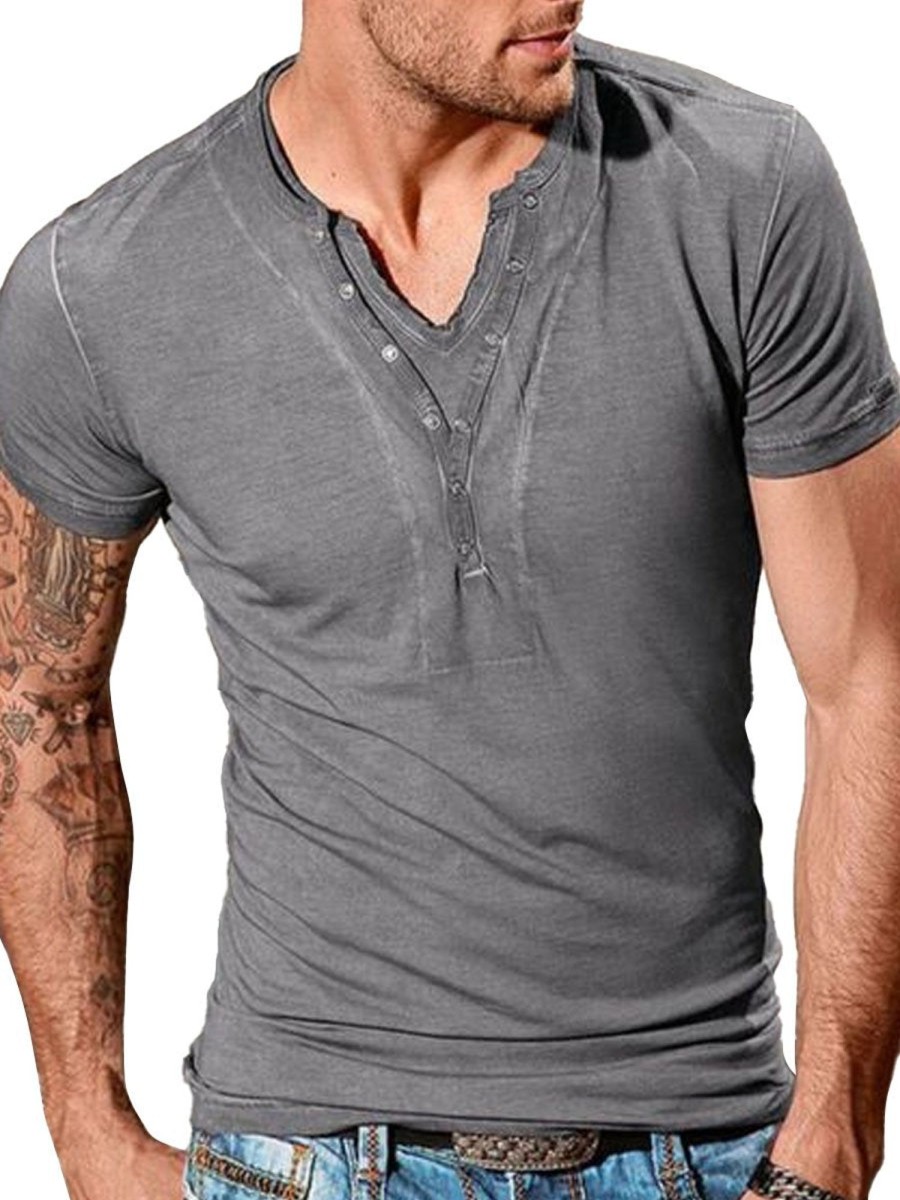 Men DJ Casual Shirts | V-Neck Solid Color Casual Short-Sleeved T-Shirt Gray