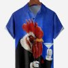 Men DJ Shirts | Rooster Painting Chest Pocket Short Sleeve Casual Shirt Blue