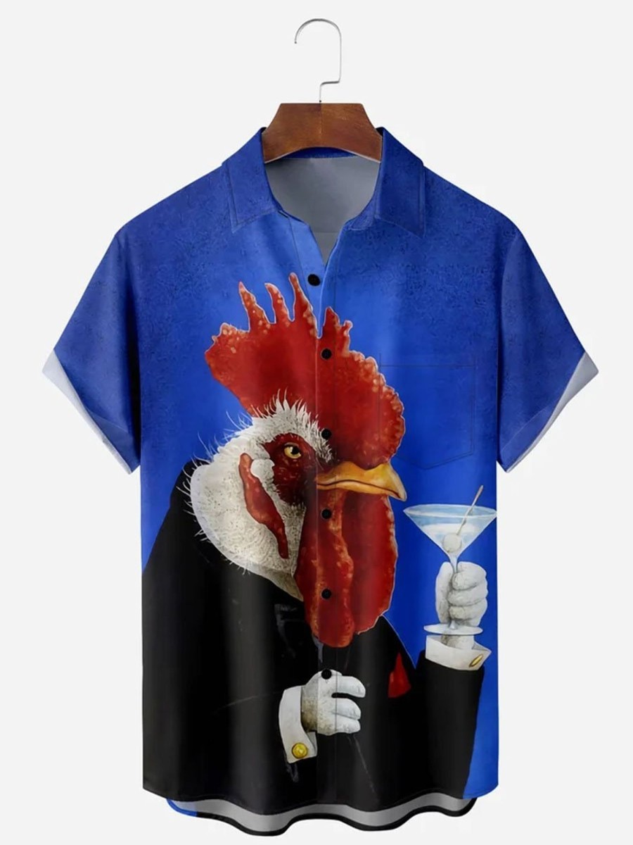 Men DJ Shirts | Rooster Painting Chest Pocket Short Sleeve Casual Shirt Blue