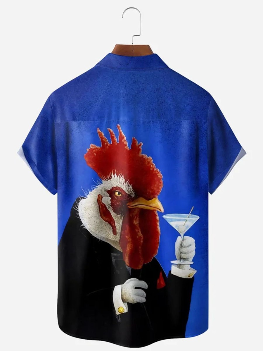 Men DJ Shirts | Rooster Painting Chest Pocket Short Sleeve Casual Shirt Blue