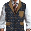 Men DJ Vest | Vintage Crown Print Three-Pocket Lapel Casual Vest Navy Blue