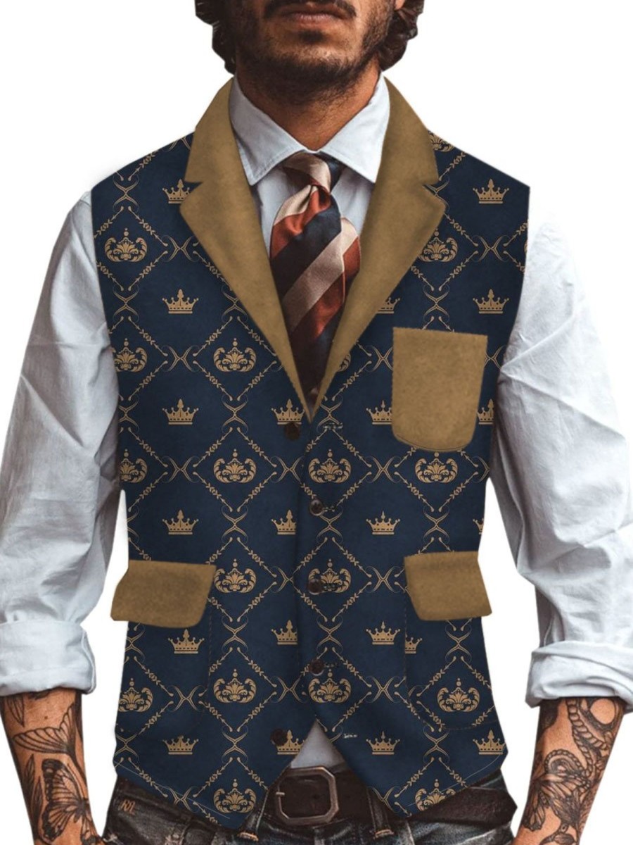 Men DJ Vest | Vintage Crown Print Three-Pocket Lapel Casual Vest Navy Blue