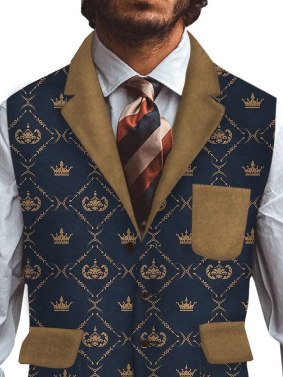 Men DJ Vest | Vintage Crown Print Three-Pocket Lapel Casual Vest Navy Blue