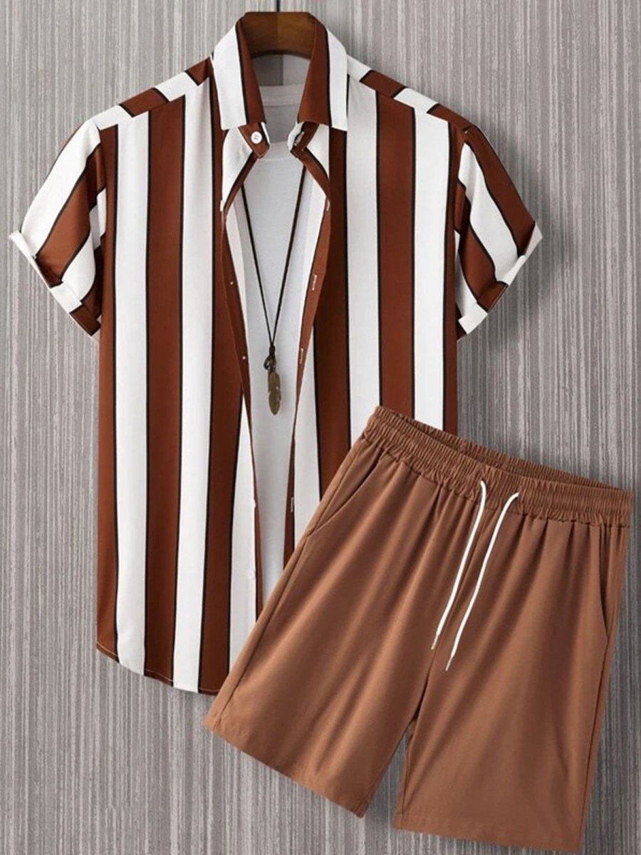 Men DJ Set | Vintage Stripe Print Casual Hawaiian Short Sleeve Shirt And Shorts Two-Piece Set Brown