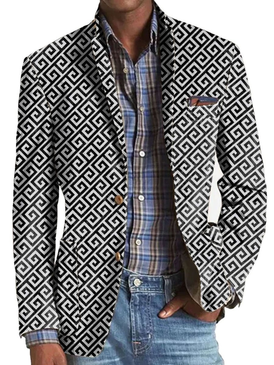 Men BXL Print Jacket | Men'S Geometric Print Pocket Casual Blazer Black