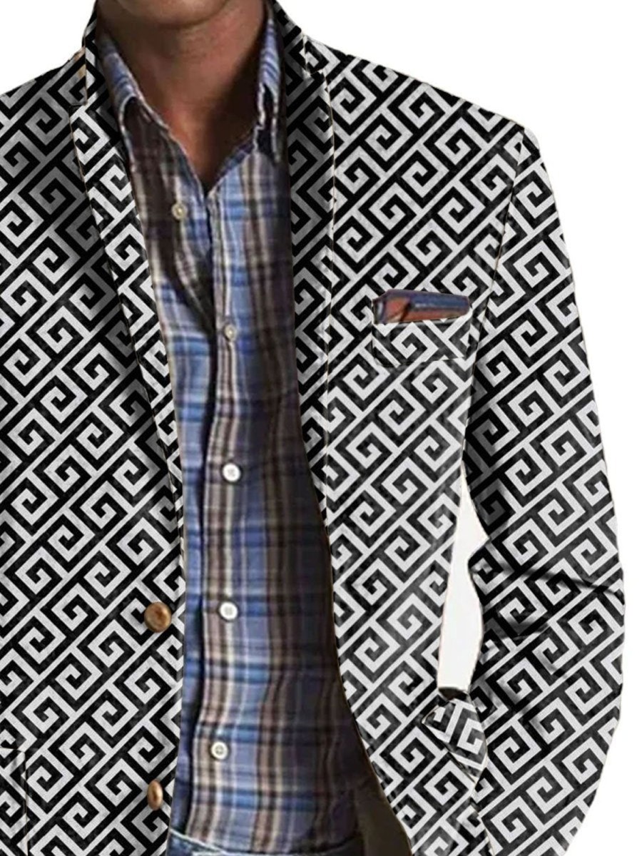 Men BXL Print Jacket | Men'S Geometric Print Pocket Casual Blazer Black