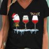 Women DJ | Christmas Wine Glass Print V-Neck Short-Sleeved T-Shirt Black