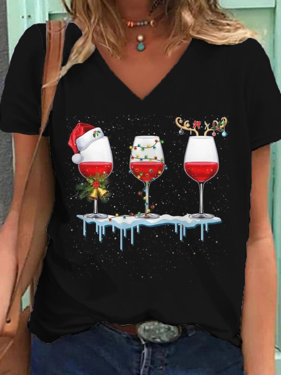 Women DJ | Christmas Wine Glass Print V-Neck Short-Sleeved T-Shirt Black