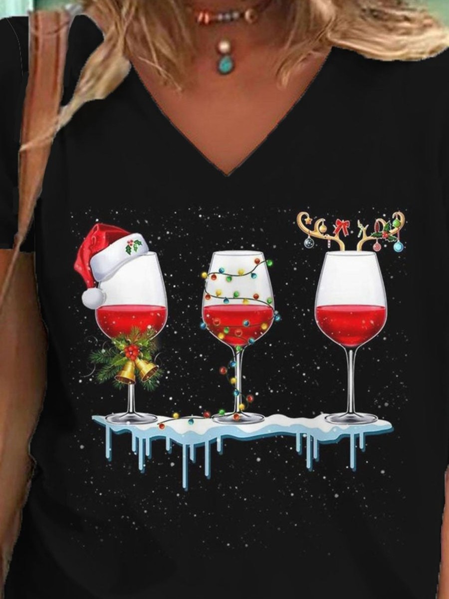 Women DJ | Christmas Wine Glass Print V-Neck Short-Sleeved T-Shirt Black