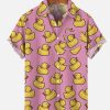 Men DJ Shirts | Hawaiian Yellow Duck Printing Breast Pocket Short Sleeve Shirt Pink