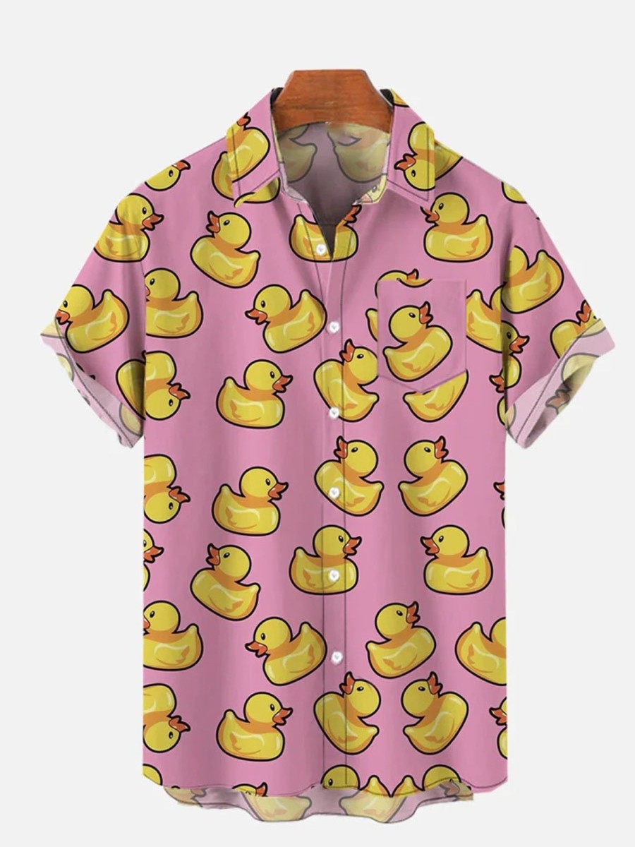 Men DJ Shirts | Hawaiian Yellow Duck Printing Breast Pocket Short Sleeve Shirt Pink