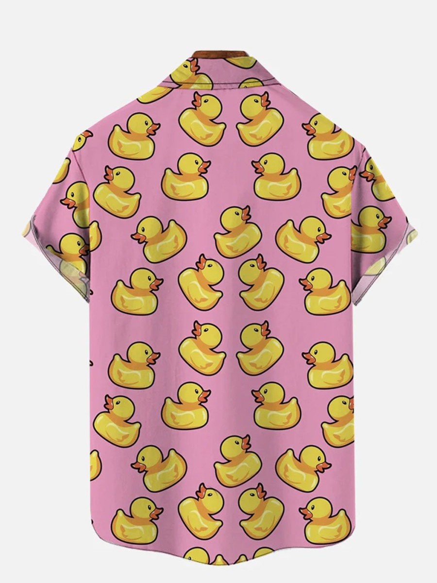 Men DJ Shirts | Hawaiian Yellow Duck Printing Breast Pocket Short Sleeve Shirt Pink