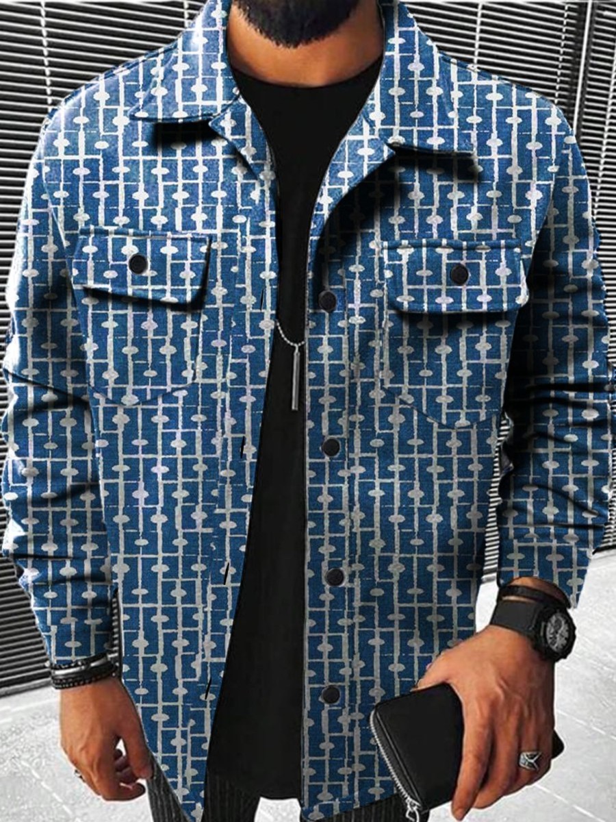 Men GYJ Jacket | Men'S Simple Geometric Print Waffle Pocket Jacket Blue