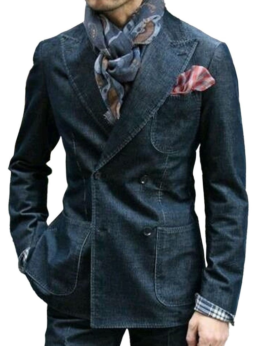 Men DJ Jacket | Vintage Three-Pocket Lapel Double-Breasted Denim Blazer Photo Color