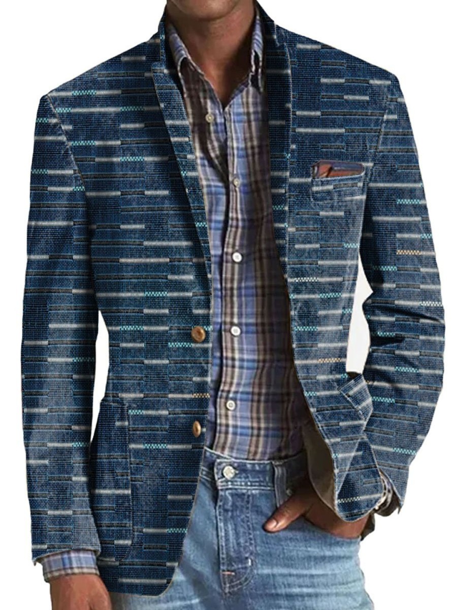 Men BXL Print Jacket | Men'S Contrast Stripe Print Pocket Casual Blazer Navy Blue