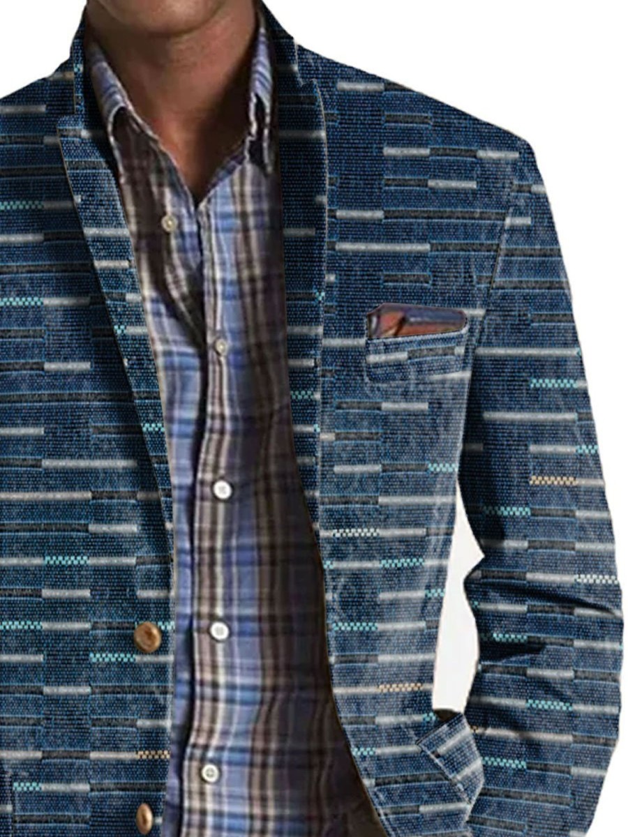 Men BXL Print Jacket | Men'S Contrast Stripe Print Pocket Casual Blazer Navy Blue