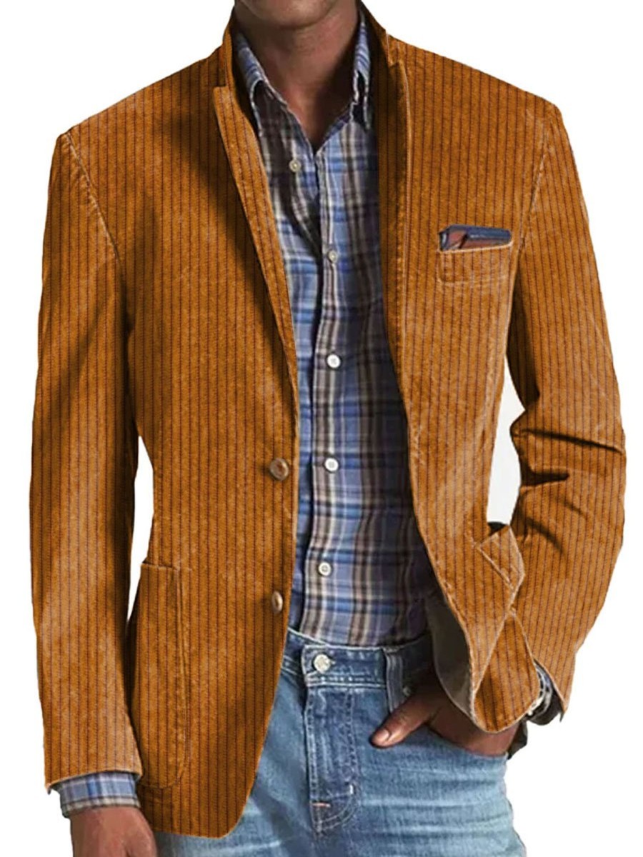 Men BXL Print Jacket | Men'S Vintage Corduroy Print Pocket Casual Blazer Orange