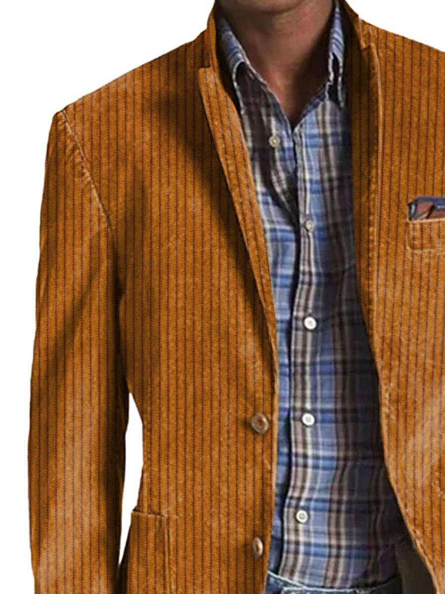 Men BXL Print Jacket | Men'S Vintage Corduroy Print Pocket Casual Blazer Orange