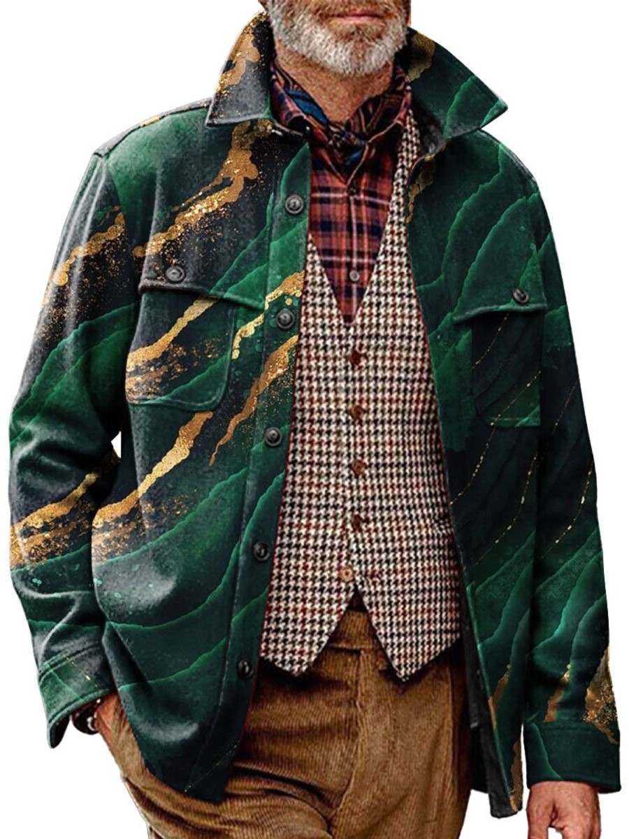 Men BXL Jacket | Men'S Casual Bronzing Marble Print Pocket Single-Breasted Jacket 79304537Xl Dark Green