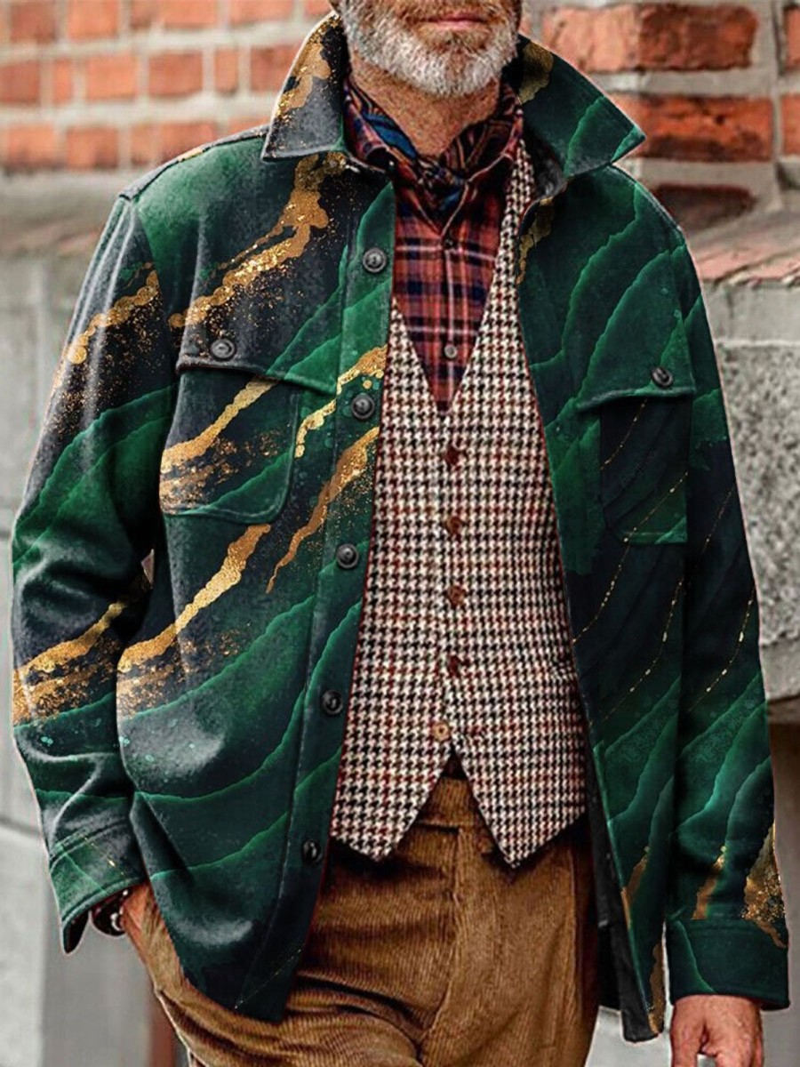 Men BXL Jacket | Men'S Casual Bronzing Marble Print Pocket Single-Breasted Jacket 79304537Xl Dark Green