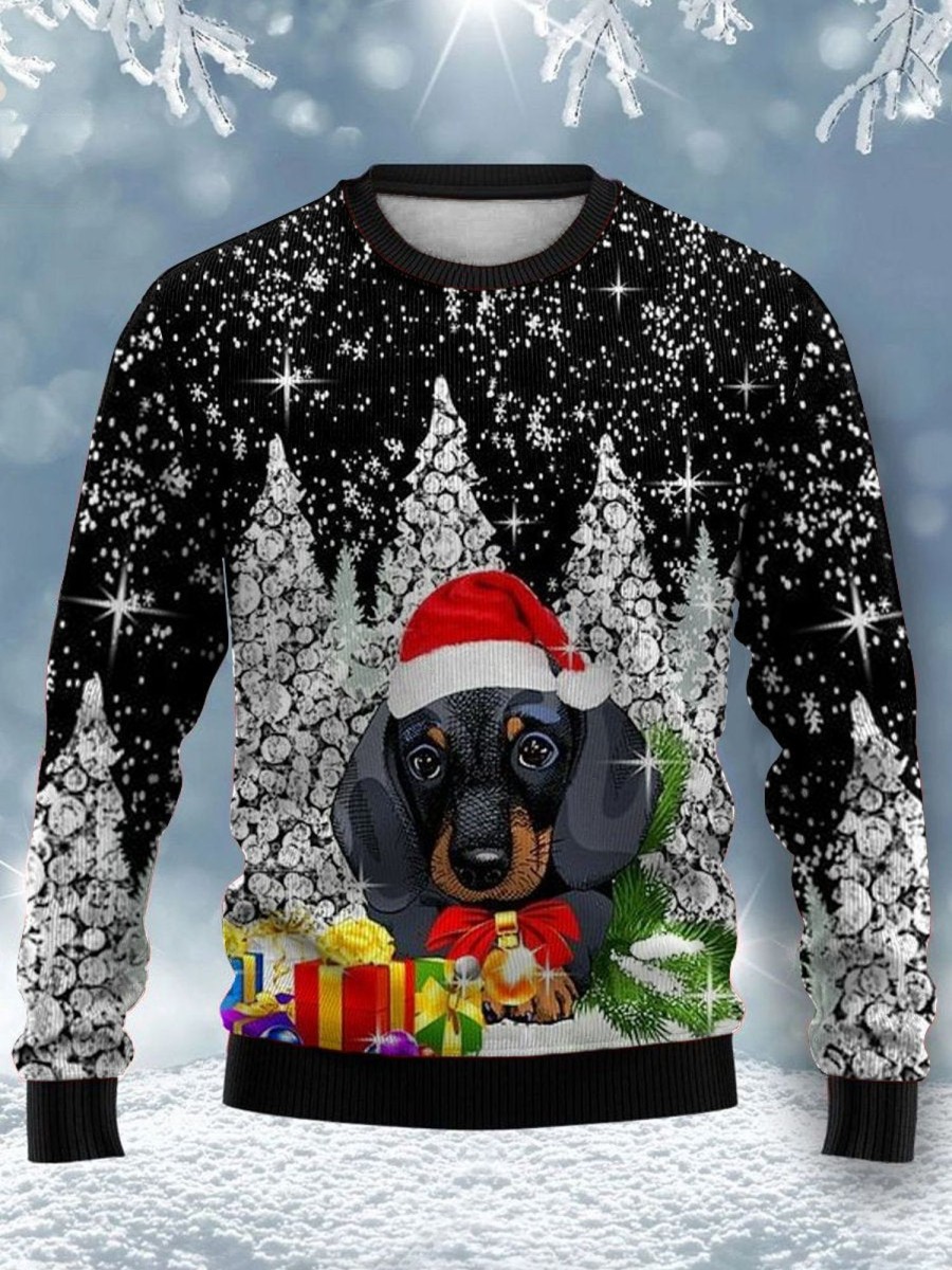 Men DJ Ugly Sweater | Winter Dachshund Gift Print Casual Crew Neck Sweatshirt Black