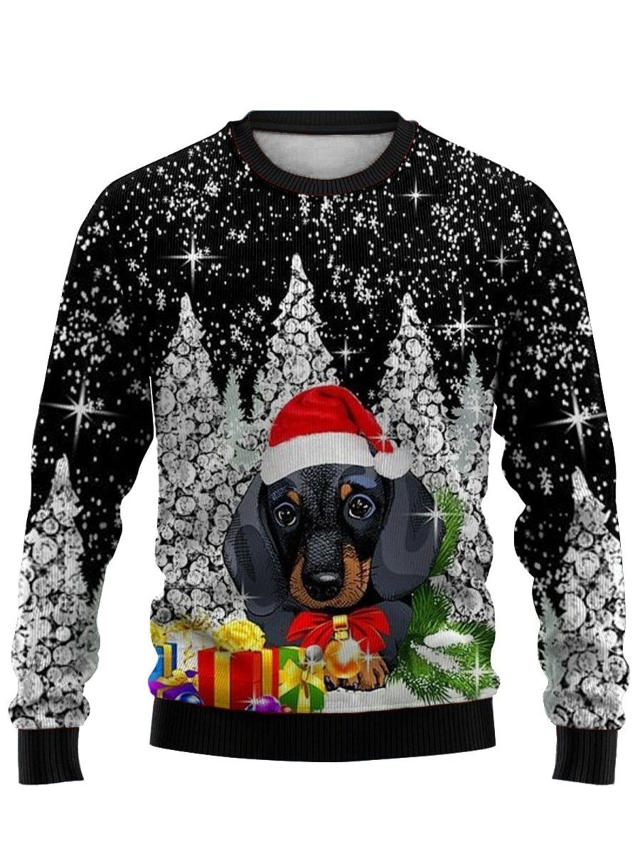 Men DJ Ugly Sweater | Winter Dachshund Gift Print Casual Crew Neck Sweatshirt Black