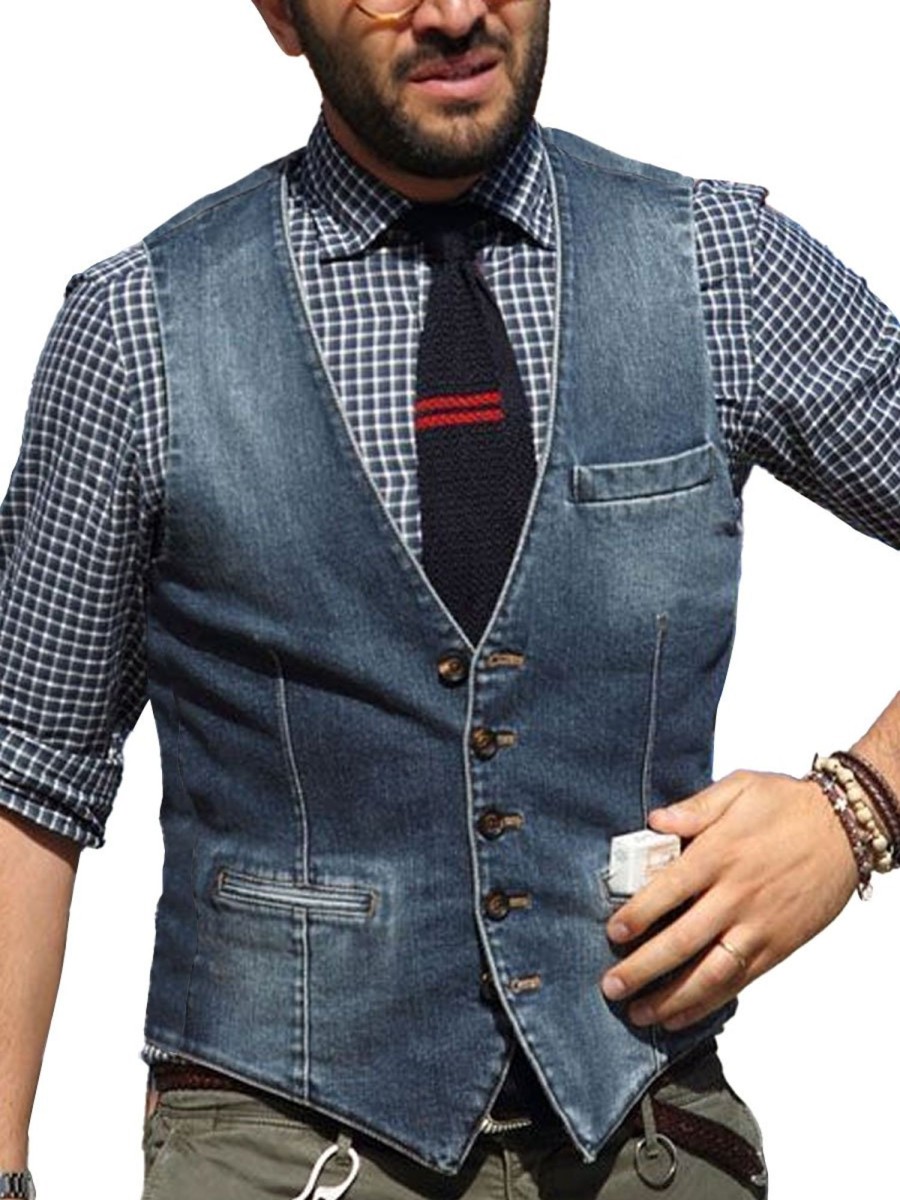 Men BXL Vest | Men'S Retro Multi-Pocket Casual Denim Vest Blue