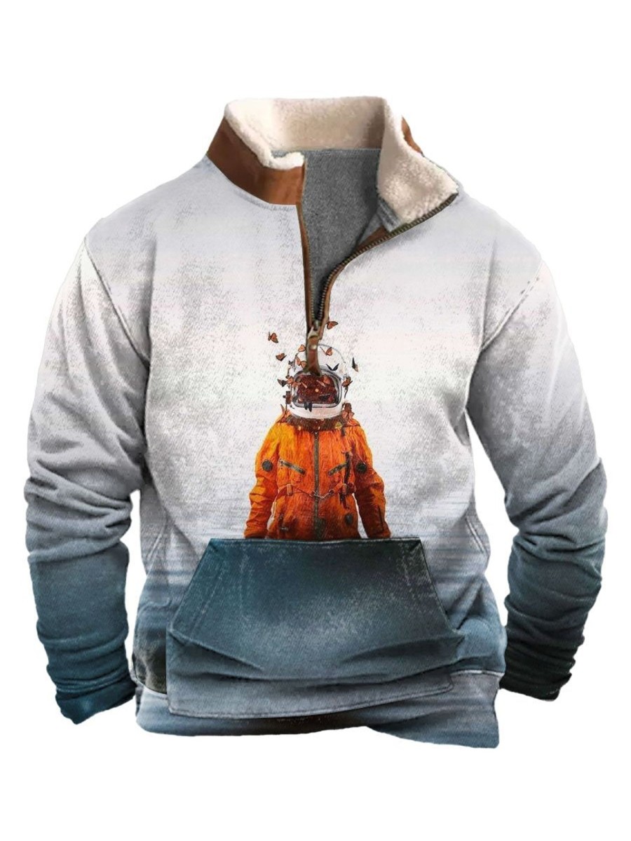 Men BXL T-Shirts | Men'S And Women'S Art Astronaut Print Zipper Fur Collar Sweatshirt Blue