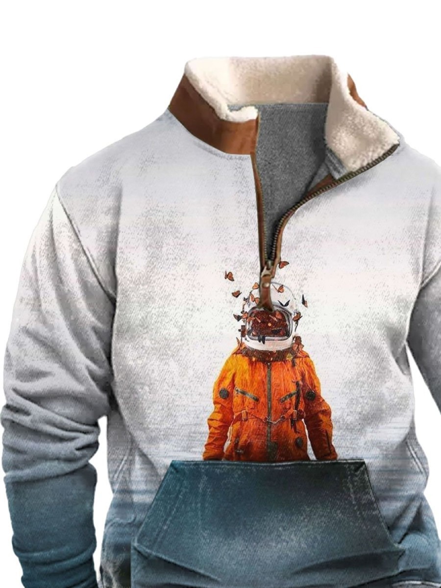 Men BXL T-Shirts | Men'S And Women'S Art Astronaut Print Zipper Fur Collar Sweatshirt Blue