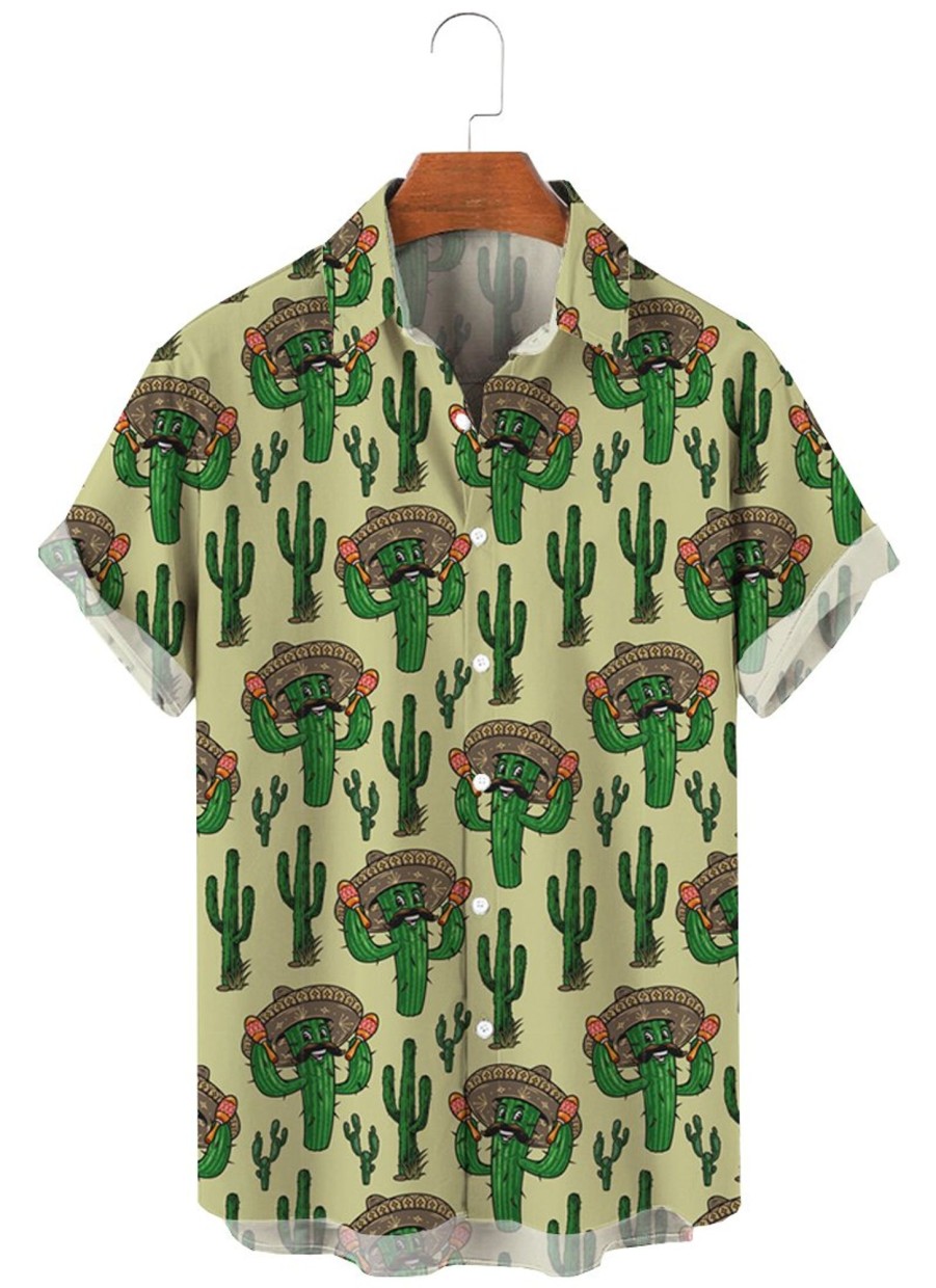 Men XT Shirts | Men'S Funny Cactus Hawaiian Shirt 32788776X Green