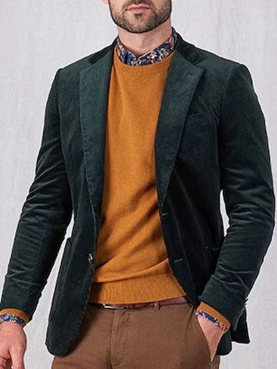 Men TH Jacket | Men Retro Solid Color Corduroy Blazer Green