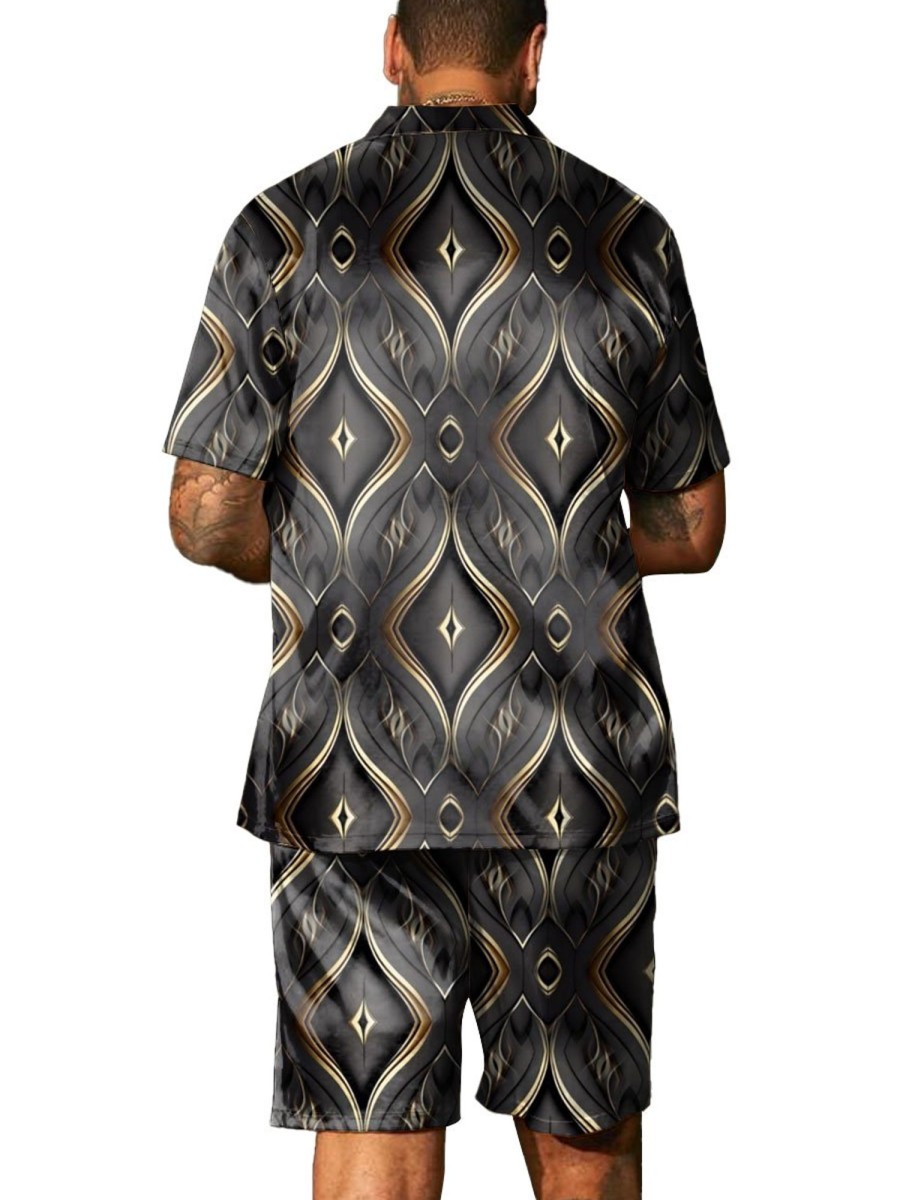 Men BXL Set | Men'S Geometric Gold Printed Casual Short-Sleeved Suit Black