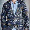 Men BXL Print Cardigan | Men'S Casual Loose Wave Single-Breasted V-Neck Knitted Cardigan Navy Blue