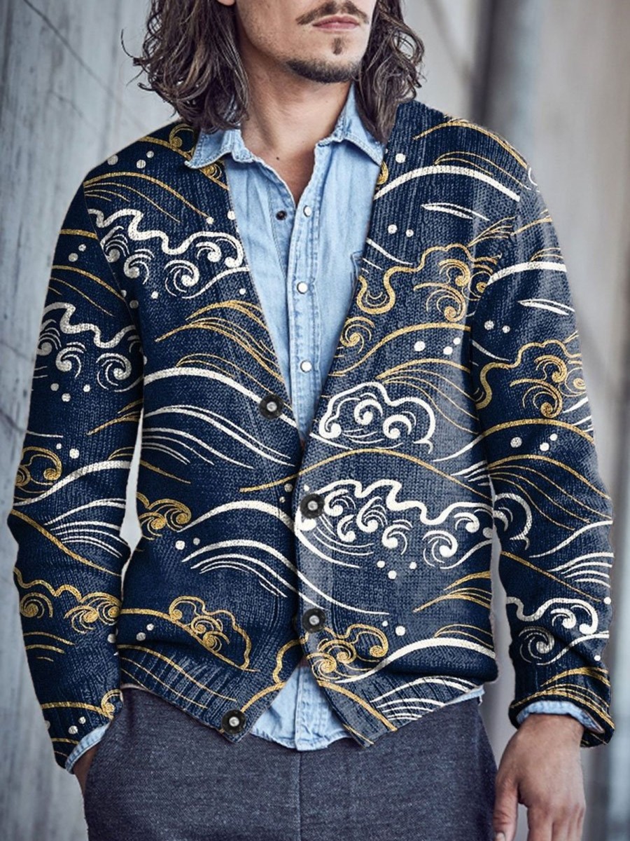 Men BXL Print Cardigan | Men'S Casual Loose Wave Single-Breasted V-Neck Knitted Cardigan Navy Blue