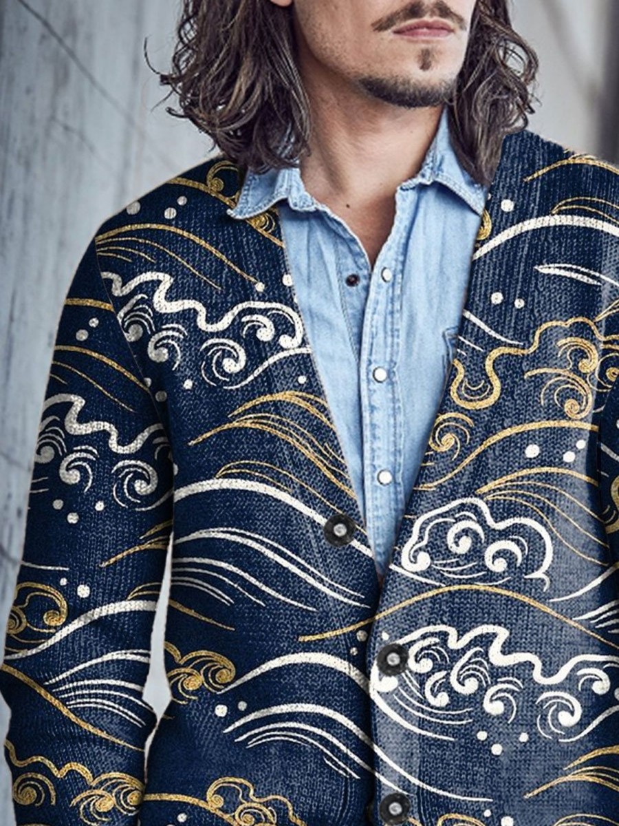 Men BXL Print Cardigan | Men'S Casual Loose Wave Single-Breasted V-Neck Knitted Cardigan Navy Blue