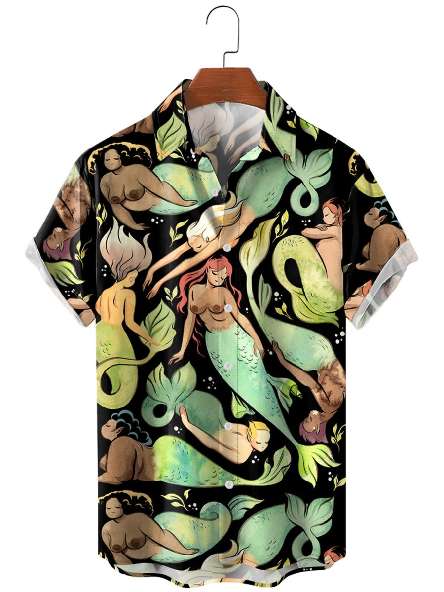 Men HLJ Shirts | Mythical Mermaid Print Casual Short Sleeve Shirt Black