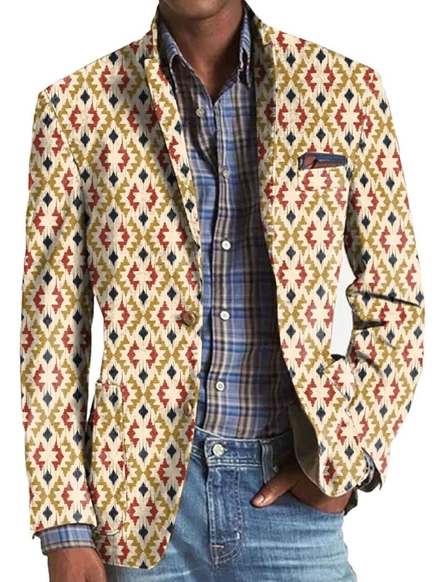 Men BXL Print Jacket | Men'S Retro Geometric Print Casual Pocket Blazer Khaki