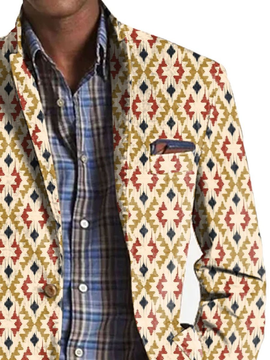 Men BXL Print Jacket | Men'S Retro Geometric Print Casual Pocket Blazer Khaki