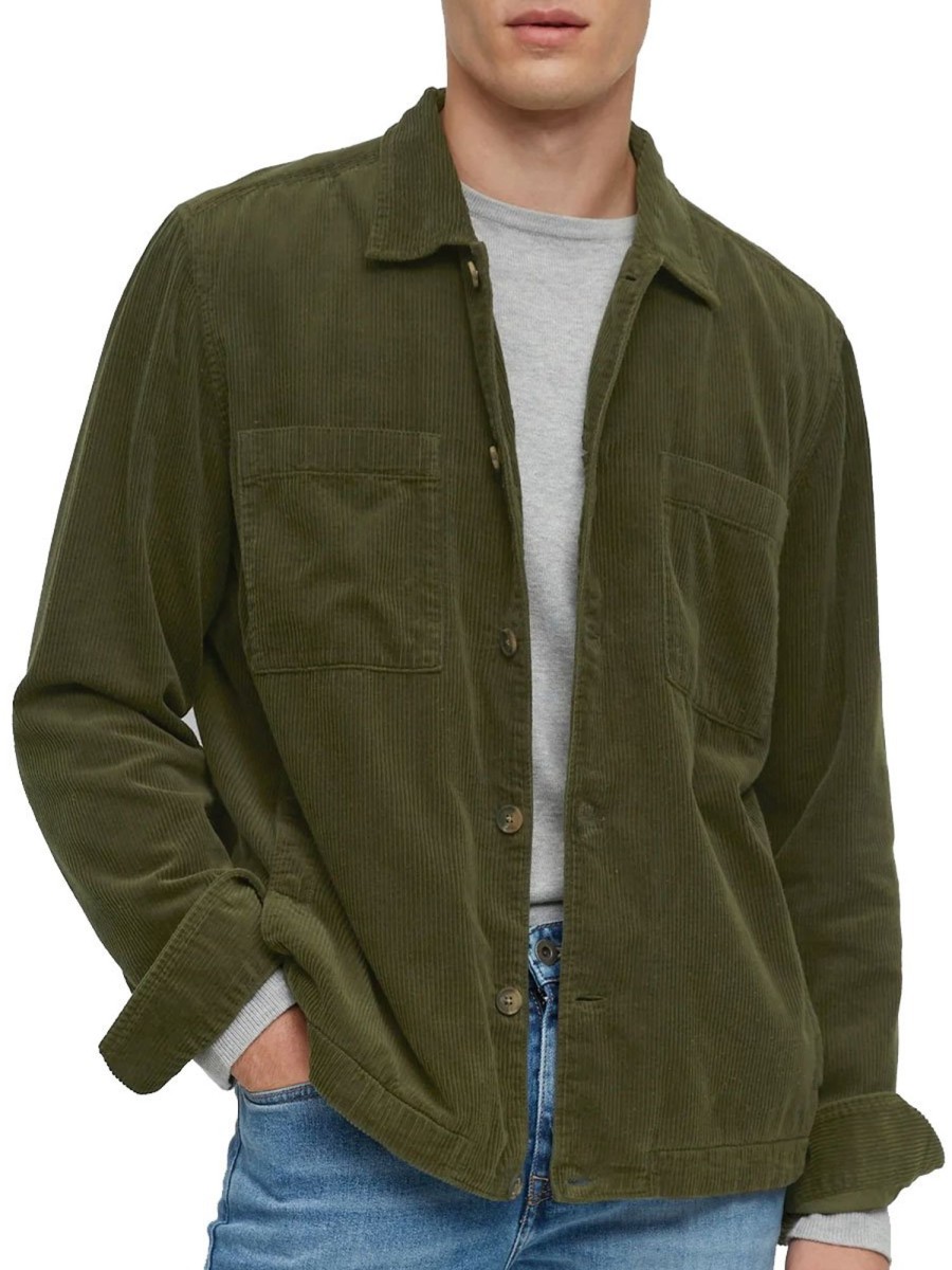 Men BXL Jacket | Men'S Retro Pocket Solid Color Corduroy Casual Shirt Jacket Army Green