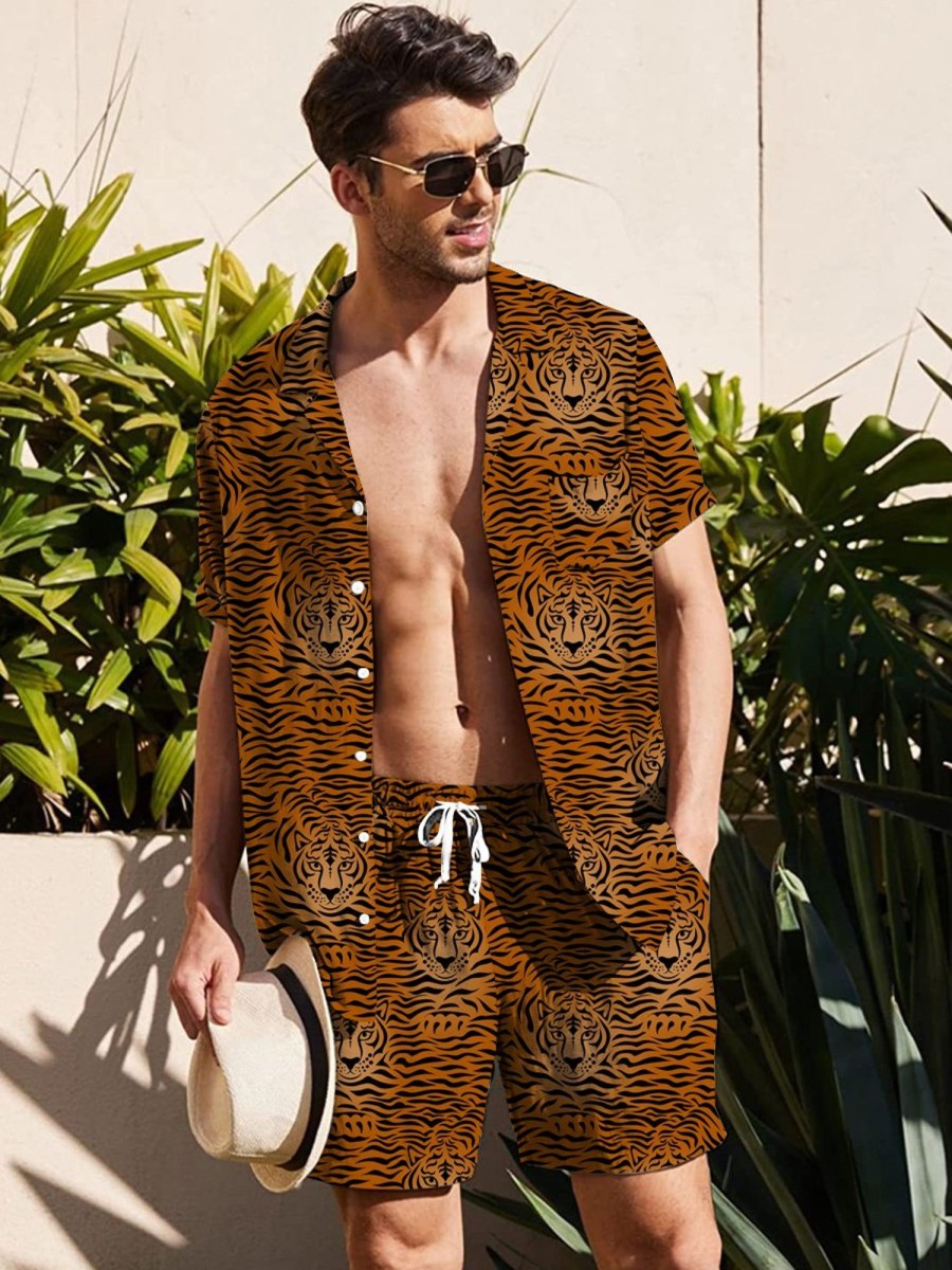 Men HLJ Set | Tiger Animal Print Holiday Lounge Set Brown